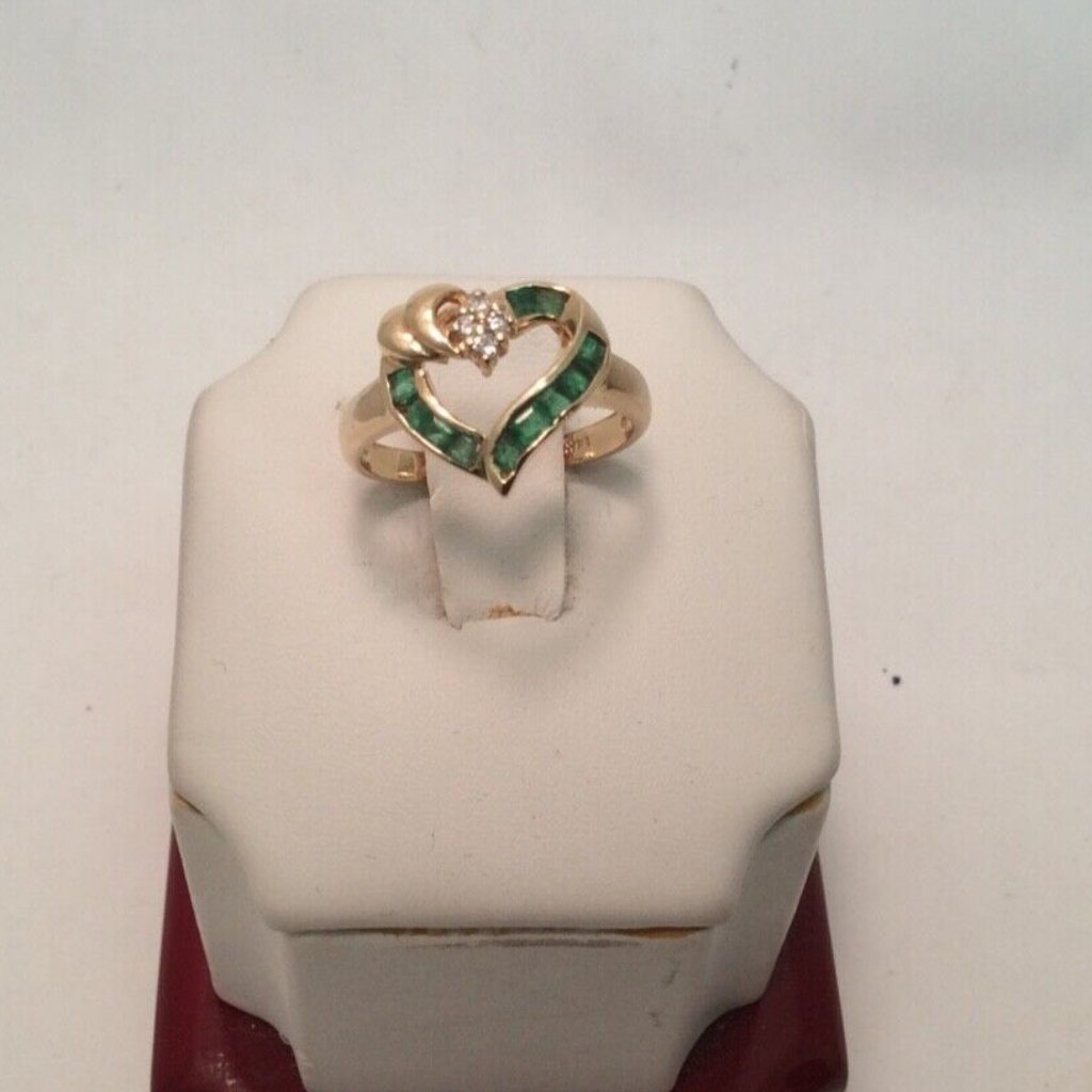 14k Yellow Real Solid Gold Heart Emerald Diamond Lady Ring Band Size 5 28gr 659$